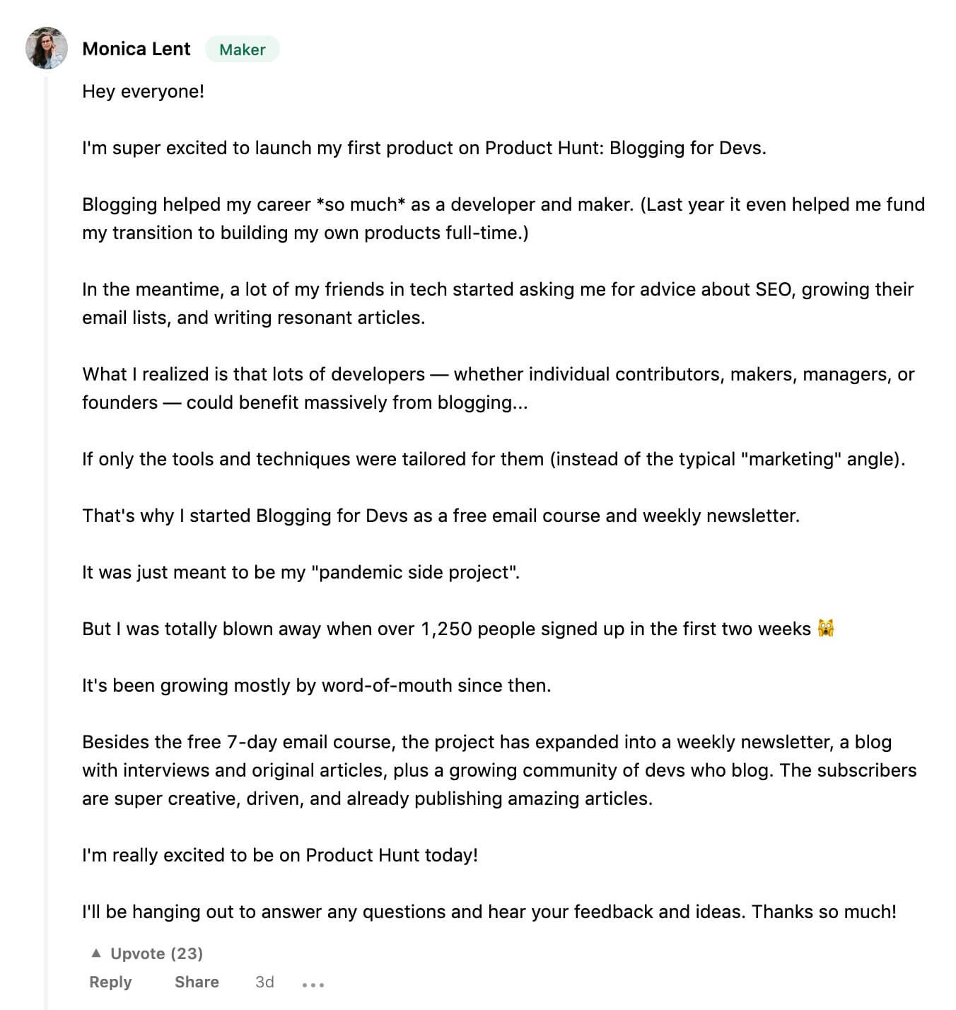 Product Hunt Initial Comment